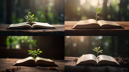 Open book with sprouting plants in a nature setting.
