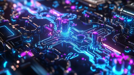 A liquid quantum processor with glowing blue and purple currents intricate nano-circuitry flowing energy waves 