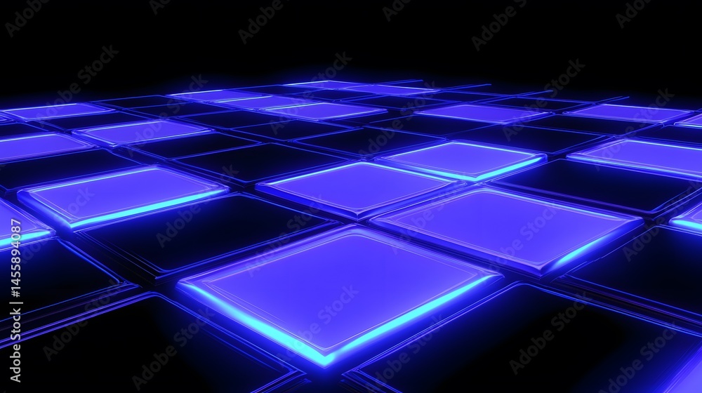 Poster geometric pattern of glowing squares on a dark surface.
