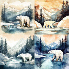Four watercolor paintings of polar bears in various wintry mountain landscapes.