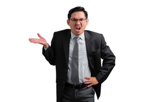 Handsome Asian businessman in suit looking confused and frustrated, gesturing with hand, isolated on transparent background