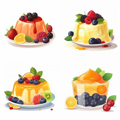 Four colorful dessert variations topped with fresh fruit.