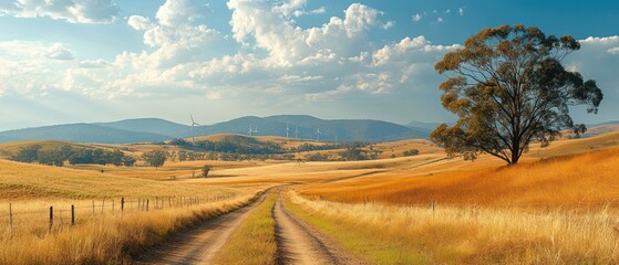 Obraz premium Dirt road cuts through dry grassy field leading toward rolling hills beneath partly cloudy sky, creating serene vista.