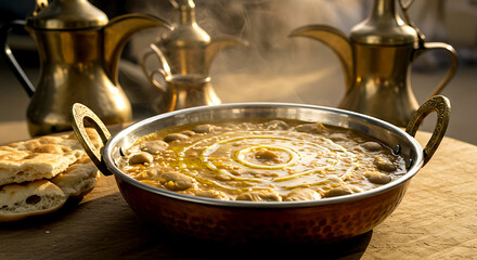 Sudanese ful medames, fava bean stew in copper bowl with sesame oil swirl 