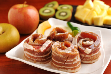 Korean Rolled Pork Belly with Fresh Fruits and Vegetables