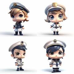 Four stylized, digital renderings of miniature sailors.