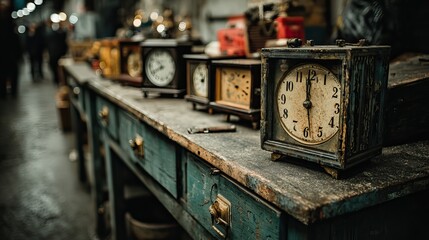 Bewildering array of antique clocks ticking at different rhythms within a dimly lit workshop.