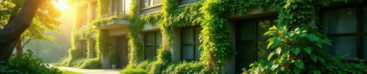 Sunlit building, vibrant green ivy climbing walls, summer, building, wall