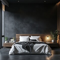 Minimalist dark grey bedroom with empty wall above the headboard, suitable for mockup presentations, 3D render--a --v 6.1 Job ID: d7baa6d4-bfad-42bf-8ca2-f2aa933bba83