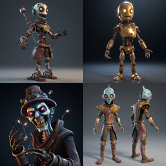Four digital renderings of steampunk-inspired robots and undead figures.