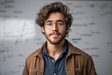 A portrait of an attractive young man with curly hair and glasses, standing in front of a whiteboard covered by mathematical equations. He has brown eyes and is wearing a button-up