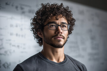 A portrait of an idealized male model with curly hair and glasses, standing in front of a whiteboard covered by equations for quantum physics. The background is blurred to emphasiz