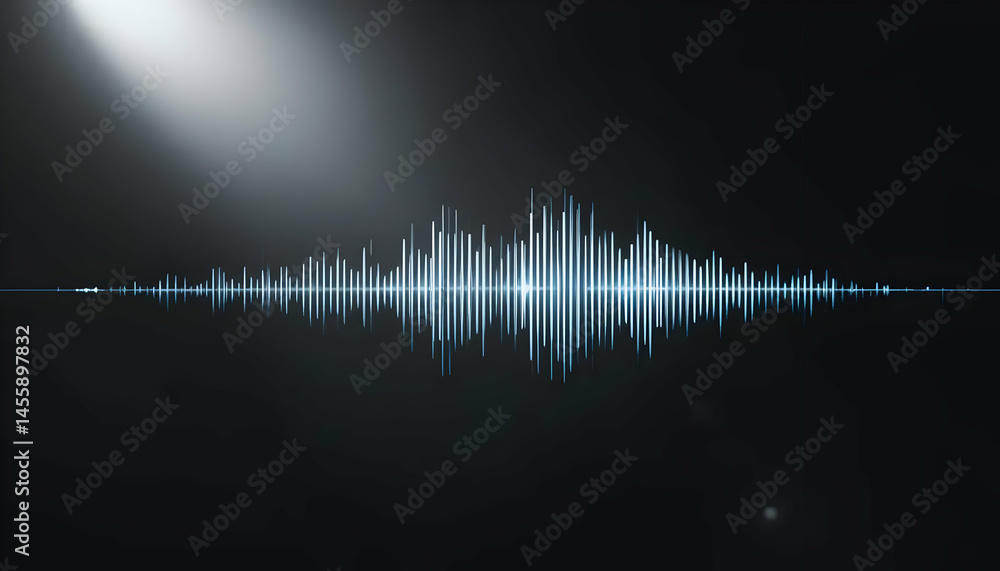 Poster abstract sound wave visualization glowing blue frequency spectrum in dark background