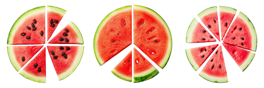 Set of watermelon slices arranged in the shape of a pie chart, isolated on a transparent background.