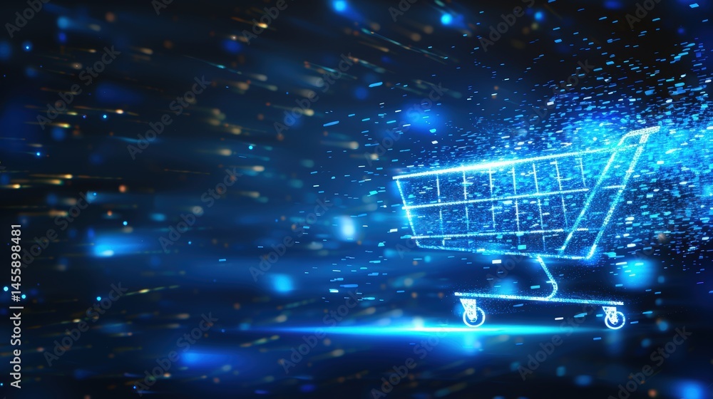 Poster digital holographic shopping cart created with glowing blue particles in virtual cyberspace represen