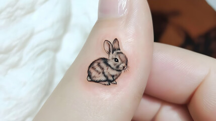 Obraz premium Tiny rabbit tattoo on thumb. Detailed line work depicts a cute, light brown bunny