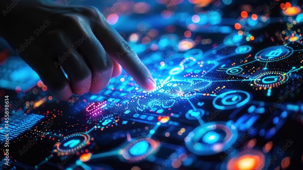 Poster finger interacting with glowing digital interface full of connected nodes and futuristic data visual