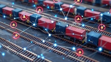 Freight train transporting cargo containers across multiple tracks connected by glowing digital network, symbolizing AI-driven supply chain forecasting and scalable logistics for e-commerce.