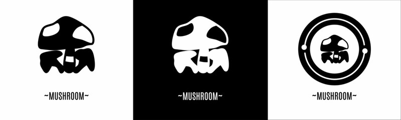 Mushroom logo set. Collection of black and white logos. Stock vector.