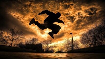 Silhouette of person leaping at sunset in urban setting