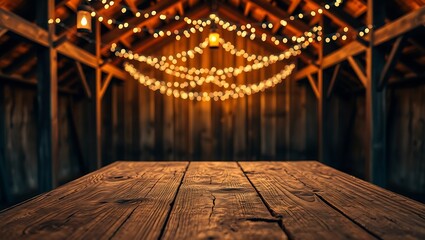 Wooden table in a rustic barn setting with string lights and lantern hanging from the wooden beams above copy space