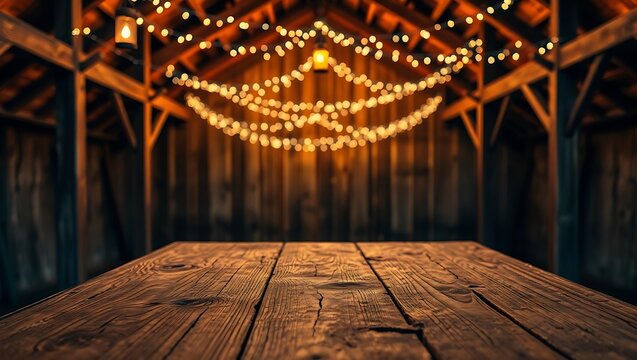 Wooden table in a rustic barn setting with string lights and lantern hanging from the wooden beams above copy space