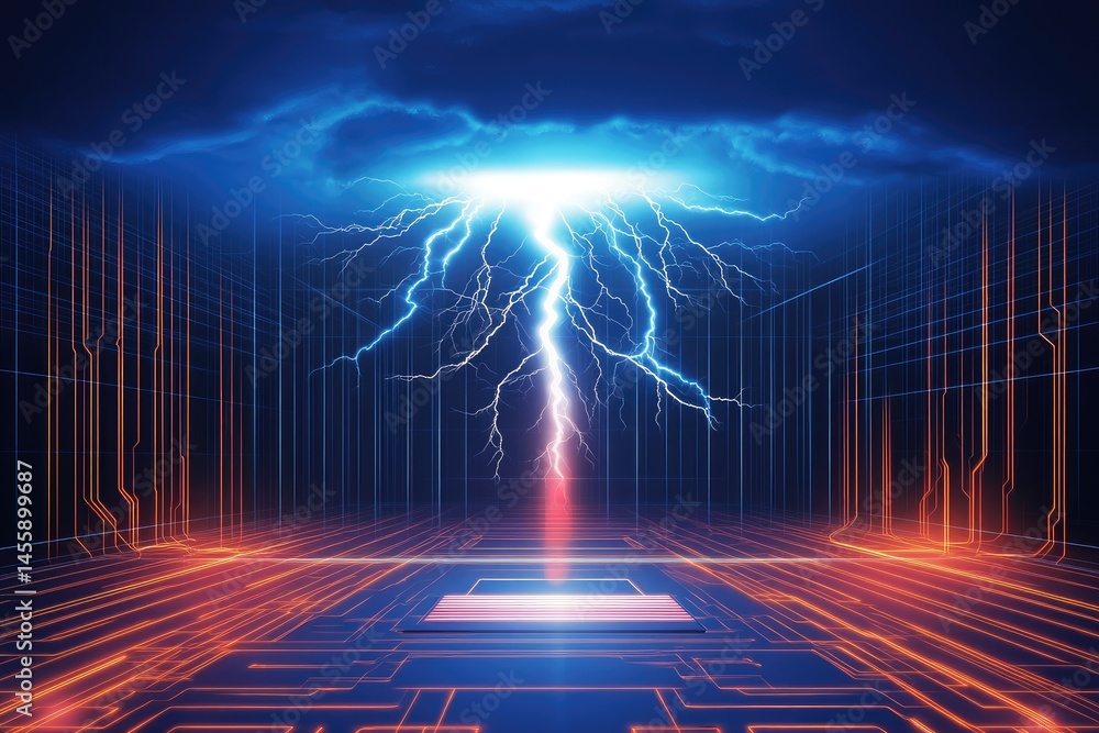 Poster powerful lightning bolt piercing through a complex circuit board. dynamic energy surging through a t