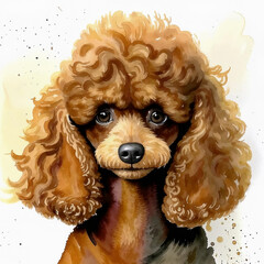 cute poodle, curly fluffy dog, beloved pet, watercolor illustration. artificial intelligence generator, AI, neural network image. background for the design