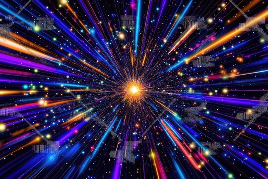 Abstract cosmic explosion radiating vibrant light streaks across a dark field of stars.  A central point explodes outward in a dazzling display of colors - Powered by Adobe