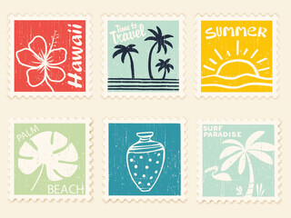 Italian Amalfi sicily style Stamp, Travel Summer, Beach Palm Hawaii Surf Paradise , Retro Tropical Island Sun Sea vector. Postage stamps set, Doodle Chalk Charcoal drawing for poster, placard or print
