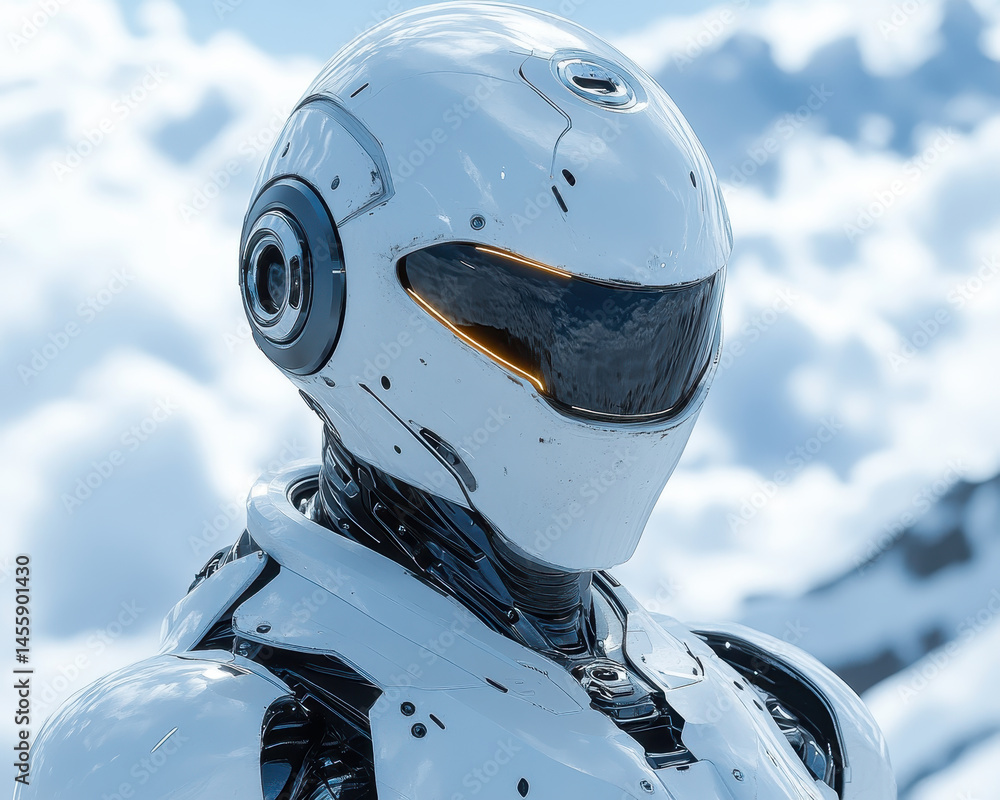 Poster futuristic white robot in mountainous cloudy environment showcasing advanced technology and artifici