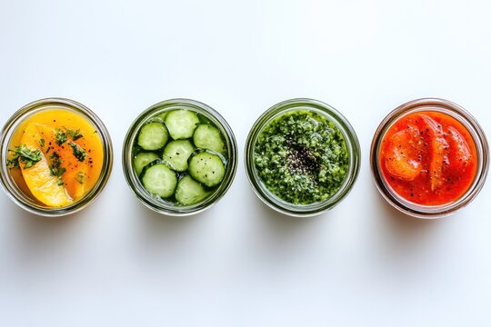 Four small jars of vibrant dips, each featuring different ingredients.  A citrus-herb dip, a cucumber dip, a pesto dip, and a tomato dip are displayed - Powered by Adobe