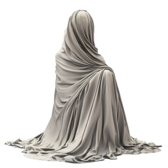 Naklejka premium Figure draped in soft gray fabric sits quietly in a minimalist space, creating an aura of mystery and calmness
