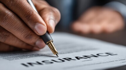 Close-up of hand signing an insurance contract with elegant pen on wooden desk representing financial security, legal agreement and policy documentation for corporate use