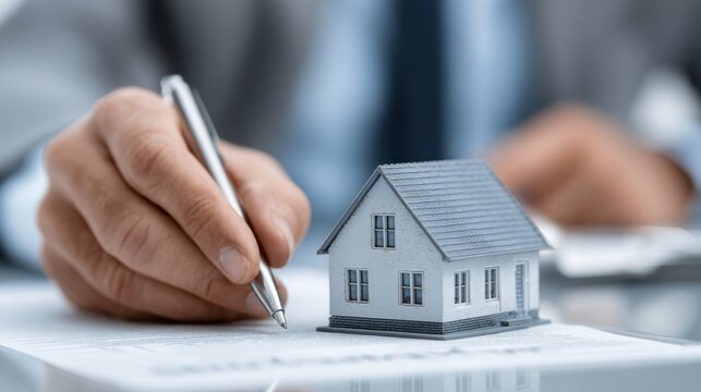 Close-up of male hand signing home insurance document next to miniature house model symbolizing real estate protection, property coverage and secure housing agreements in office context
