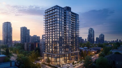 Fototapeta premium Modern high rise apartment building at dusk cityscape view