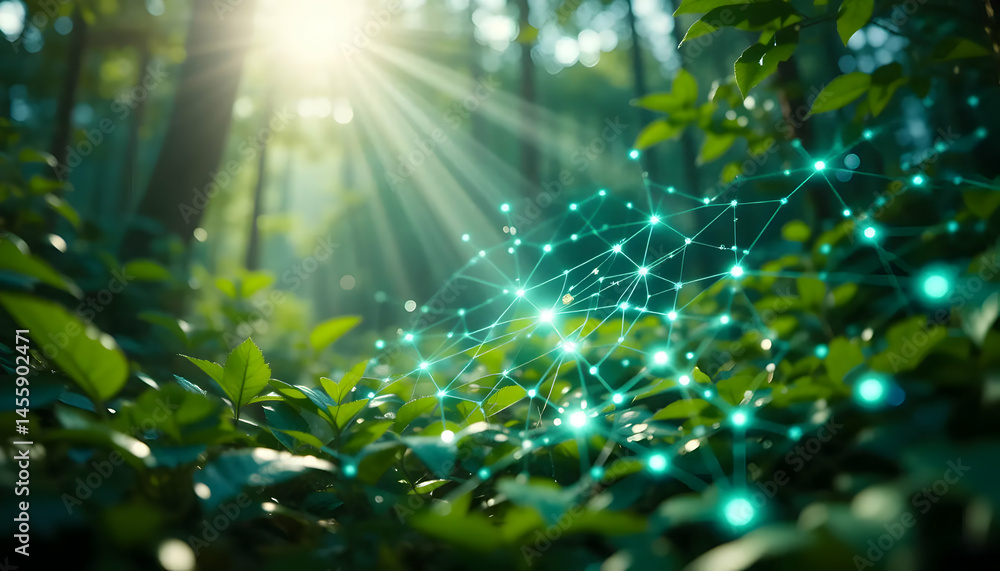 Aufkleber luminous network in a verdant forest exploring the interconnection of nature and technology