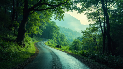 Obraz premium Winding forest road through lush green trees with mountain view and misty atmosphere
