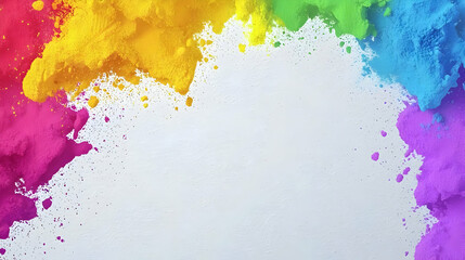 Obraz premium Colorful powder spills create a vibrant frame on a light background. Clumps of vibrant hues, including reds, oranges, yellows, greens, blues, and purples, cascade around a central white space.