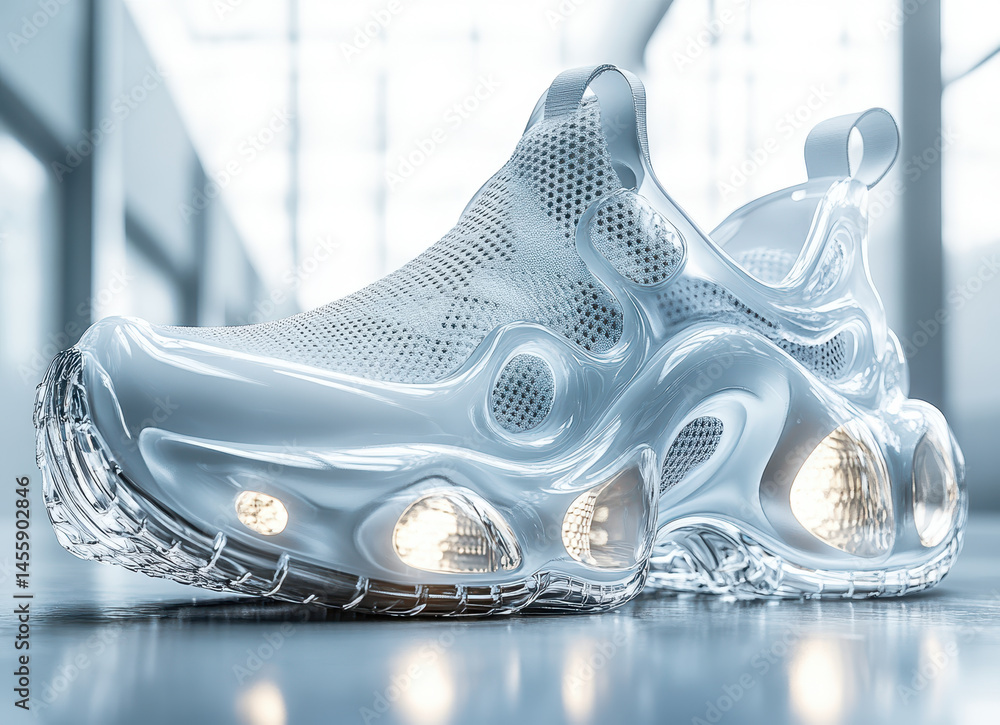 Poster futuristic transparent sneaker with airy design and illuminated soles on reflective surface in minim