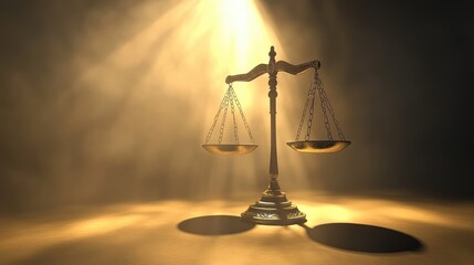 Abstract composition of old-fashioned justice scales with spotlight on a soft brown surface