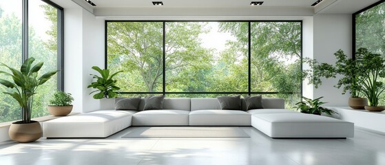 Fototapeta premium Modern living room showcases large windows illuminating white sectional sofa complemented by potted plants, promoting serene atmosphere.