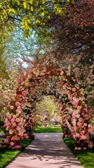 Naklejka premium Floral archway in a serene garden path.