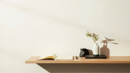 Minimalist home decor with a notebook pen and vase on wooden shelf