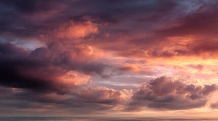Obraz premium Abstract Sunset with Fiery Orange and Purple Clouds Over Blurred Ocean