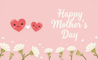  Cute Happy Mother's Day Card - Smiling Hearts & White Carnations on Pink
 