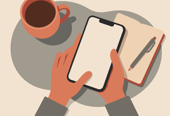 hands using tablet and pen, coffee cup on desk, digital workspace, creative task management, note taking, organization tools, modern technology, productivity apps