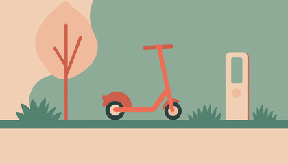 vibrant red scooter on sidewalk with green grass