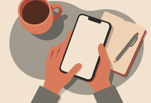 hands using tablet and pen, coffee cup on desk, digital workspace, creative task management, note taking, organization tools, modern technology, productivity apps