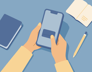 hand using phone to pay bill on table with books and pen